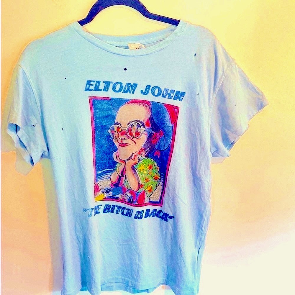 NWT MadeWorn Light Blue Elton John Graphic Tee, pink glitter, Collectors item